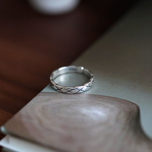 港湾 S925通体纯银菱格纹开口戒指小众简约设计ins韩系时髦感尾戒