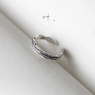 叶。S925纯银戒指复古树叶戒指个性小众设计指环开口戒女可调节