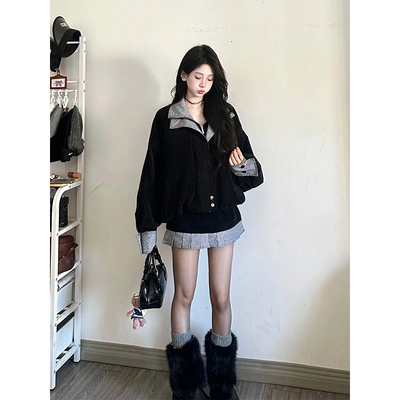 美式复古翻领拼接棉服外套女秋冬季小个子机车服宽松短款夹克上衣