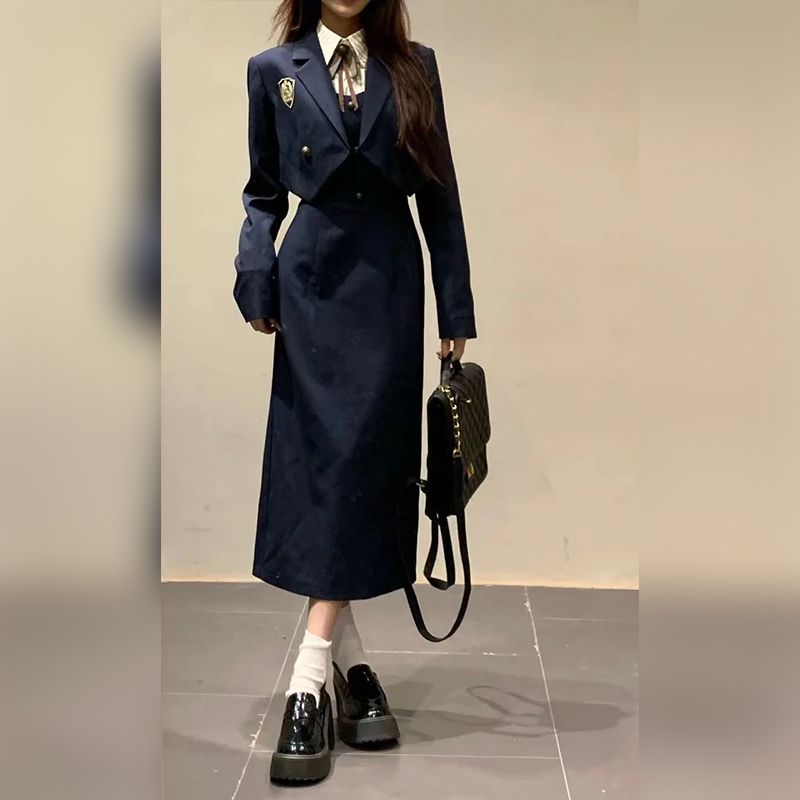 【曼哈顿女校】美式学院风套装三件套连衣裙+条纹衬衫+短西装外套