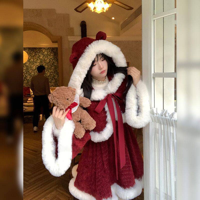 瑞拉仙境小香风气质系带外套蝴蝶结毛毛拼接连衣裙女冬季圣诞套装
