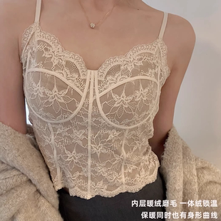 美背一体杯免穿文胸背心秋冬法式蕾丝纯欲吊带女修身显瘦薄款B11