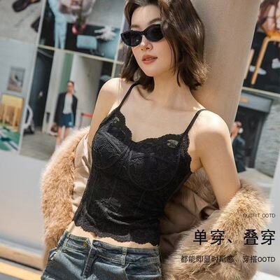 美背一体杯免穿文胸背心春夏法式蕾丝纯欲吊带女修身显瘦薄款B11
