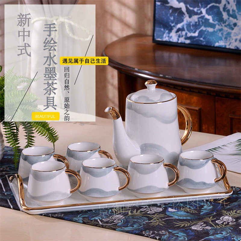 手绘瓷 真金包柄景德镇手工高档水具套装
