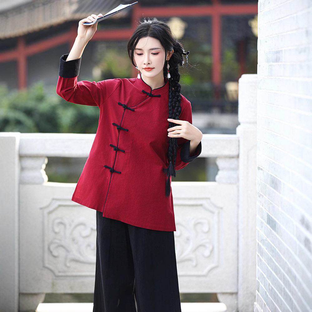 2501春季新款新中式唐装上衣女茶楼餐厅服太极服艾炙疗愈服工作服