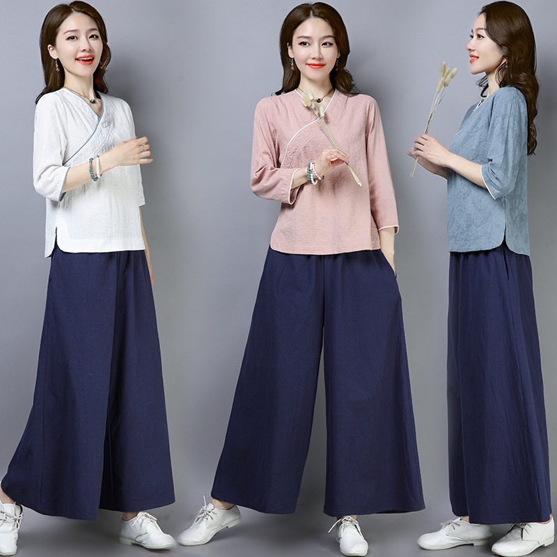 棉麻两件套女夏装新款民族风女装中国风汉服茶服阔腿裤瑜伽疗愈服