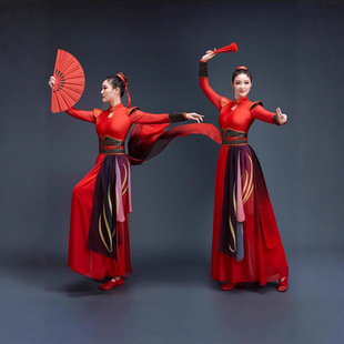 打鼓服女喜庆威风锣鼓舞台装扇子舞演出服大气古装女侠风表演套装