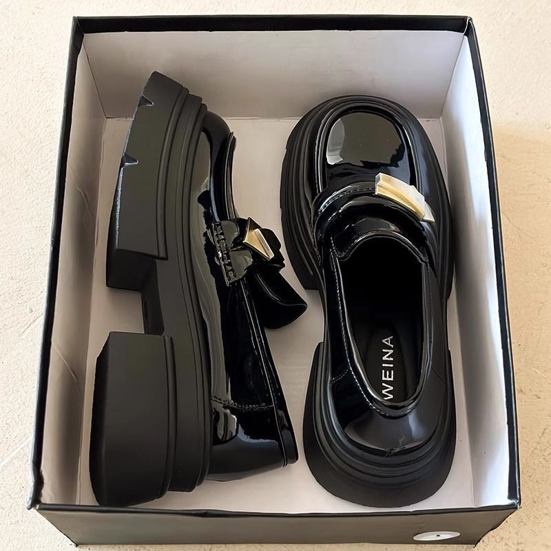 黑色厚底英伦风小皮鞋女2025春季新款百搭一脚蹬乐福鞋女玛丽珍鞋