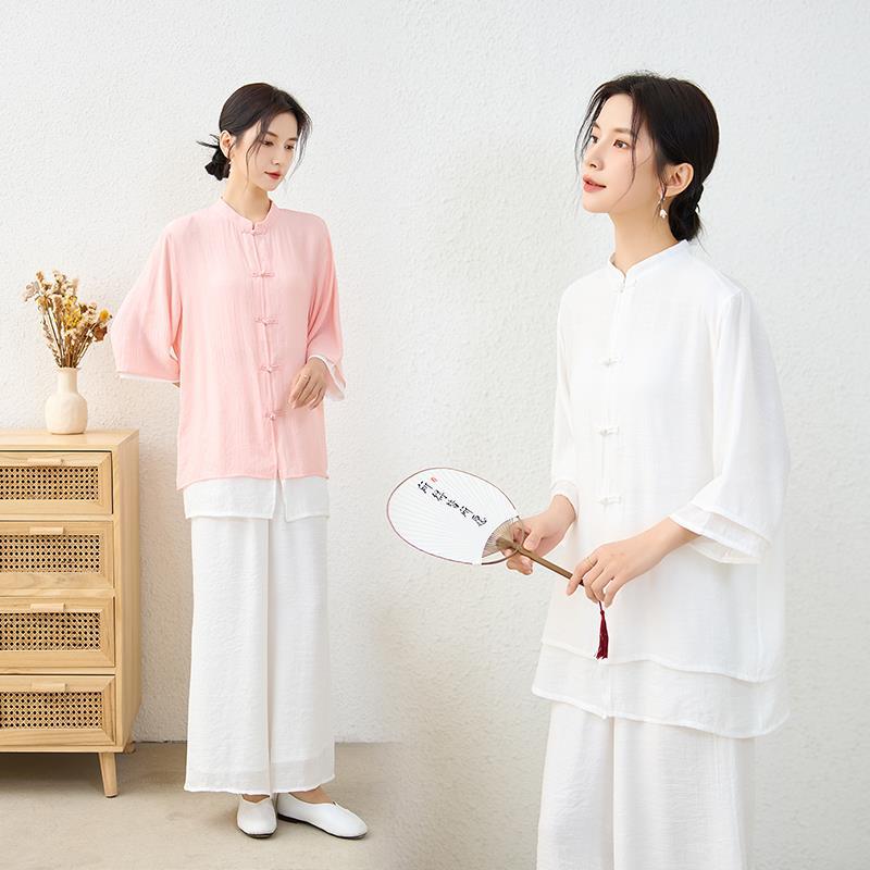 2026民族风新款棉麻禅服套装立领中袖上衣松紧腰长裤居士服白色