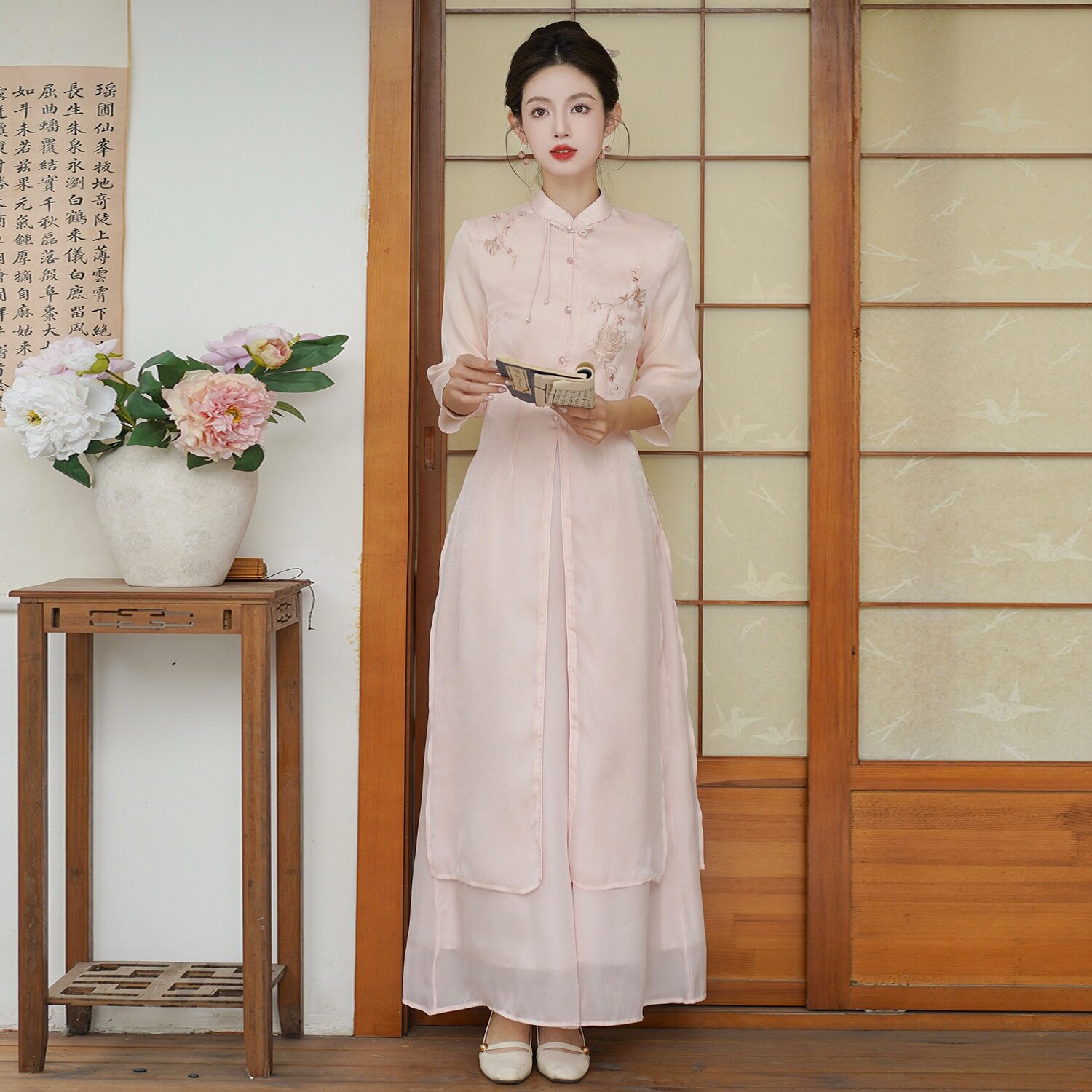 2025春季新款新中式国风刺绣七分袖中长款日常禅意茶服松紧腰裤子