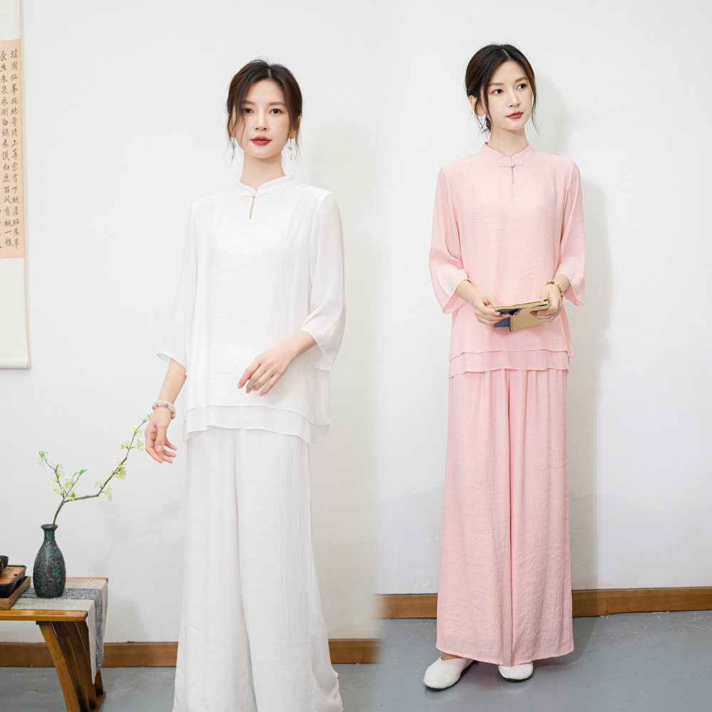 新款#2025新款民族风禅意打坐套装国风茶服表演服两件套女白色
