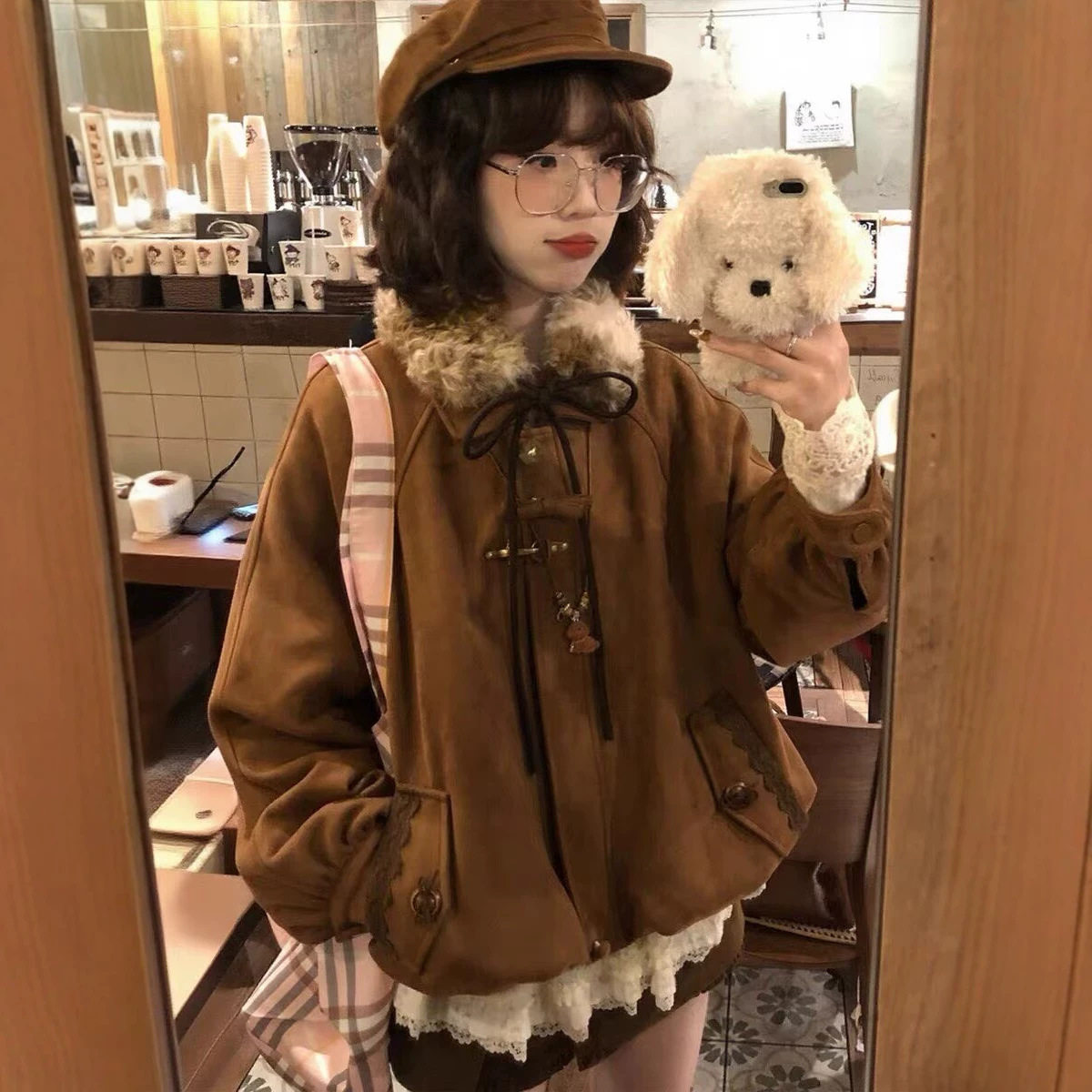 蝴蝶结毛领鹿皮绒棉服女冬季夹棉加厚保暖外套棉服女冬高级感