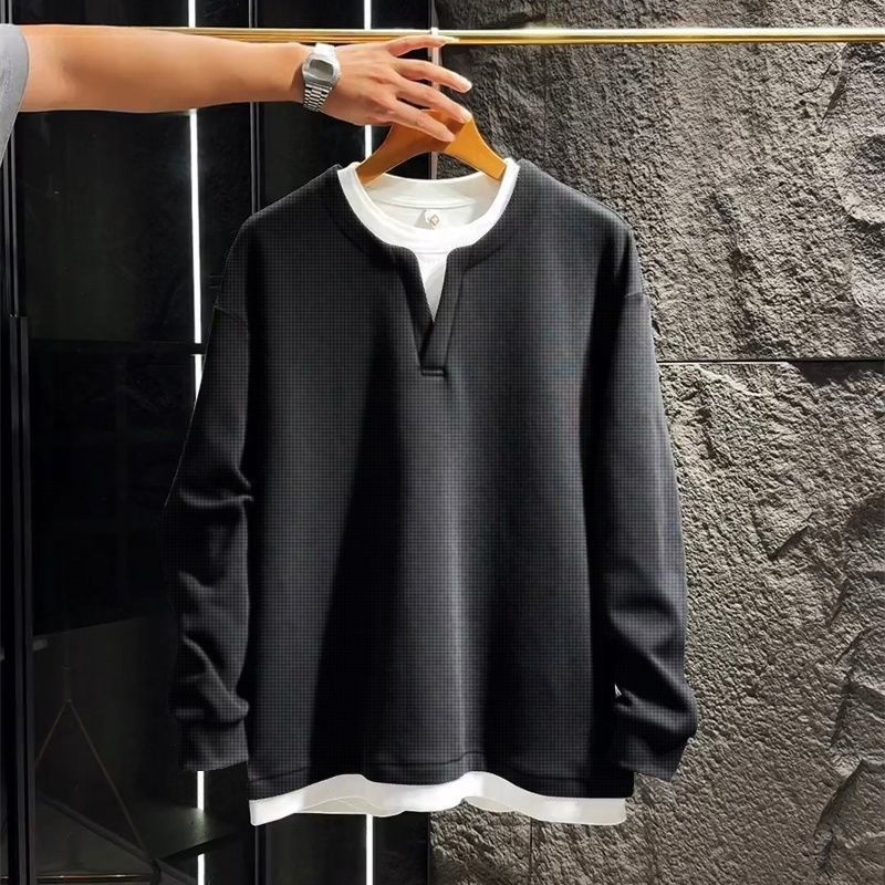 春季亨利领假两件长袖T恤衫拼接撞色男时尚百搭休闲痞帅美式上衣