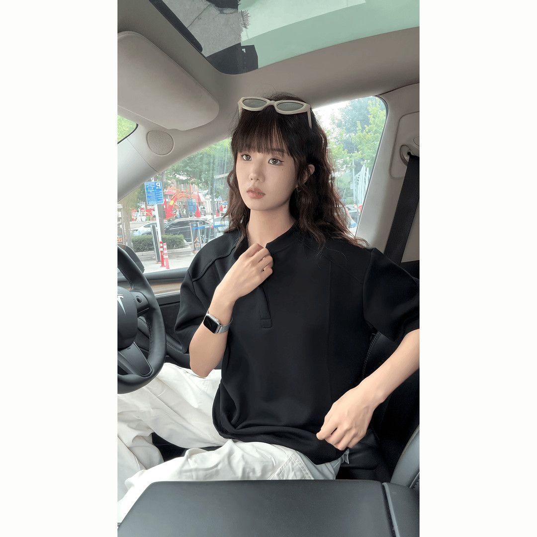 黑色亨利领短袖polo衫男款痞帅高级感美式正肩t恤boxy拼接半截袖