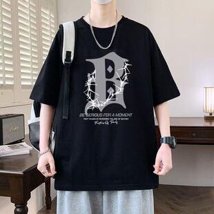 韩系ins印花短袖重磅纯棉男装上衣特大码肥佬夏季休闲百搭男款T恤