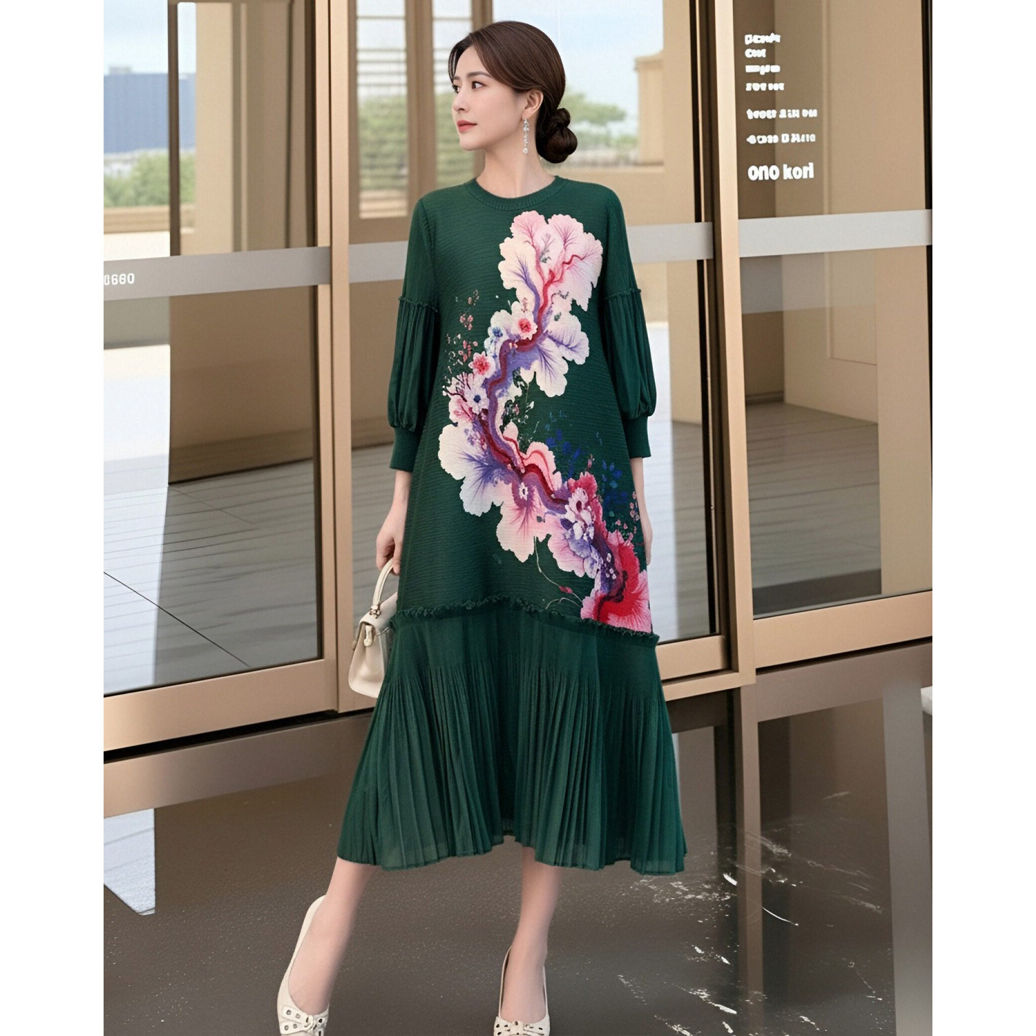 春秋高级感印花连衣裙女灯笼袖褶皱假两件中长款大码显瘦裙子女