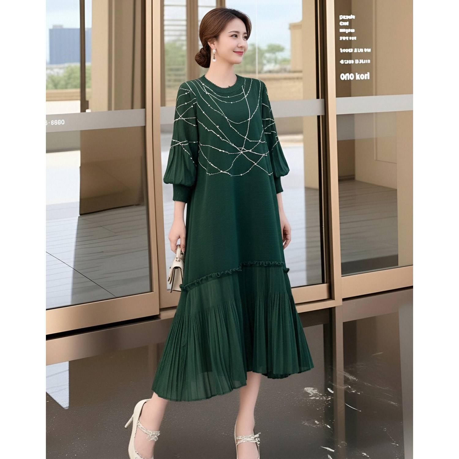 春秋季优雅七分袖灯笼袖连衣裙女宽松显瘦A字裙压褶拼接中长裙女