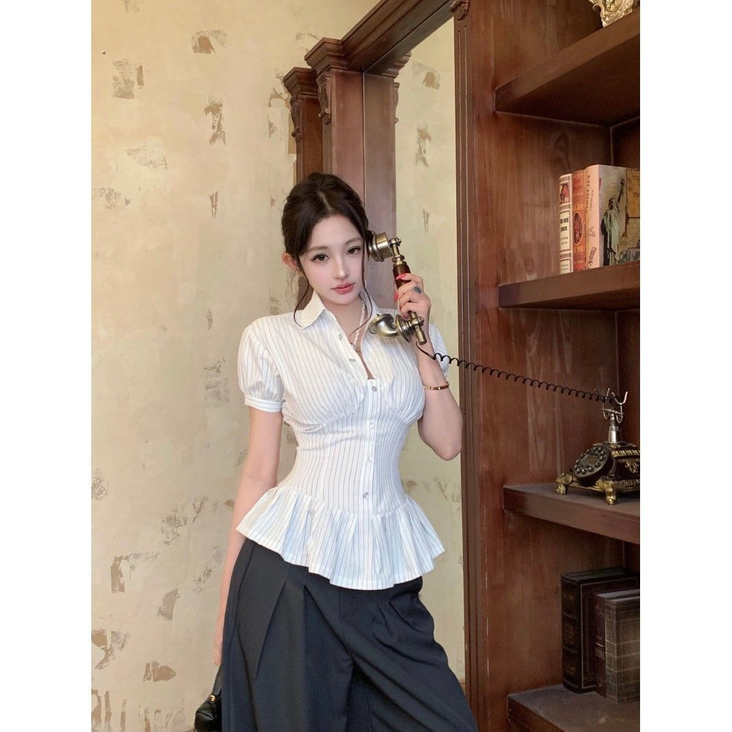 撞色条纹收腰短袖绑带衬衫女图片