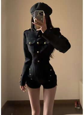 复古英伦风黑色立领短款外套高腰短裤两件套女秋季高级感气质套装
