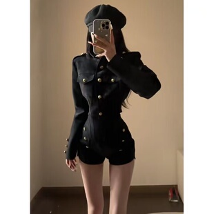 高级感气质套装 两件套女秋季 外套高腰短裤 复古英伦风黑色立领短款