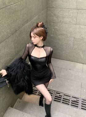 黑色网纱皮质拼接长袖连衣裙女装冬季收腰紧身包臀裙纯欲风短裙子