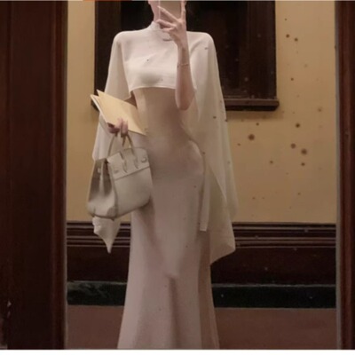 月光舒曼雪纺斜肩收腰连衣裙套装