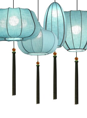 极简高档中国风茶室仿古布艺现代餐厅菜馆客厅卧室书房新中式蓝色