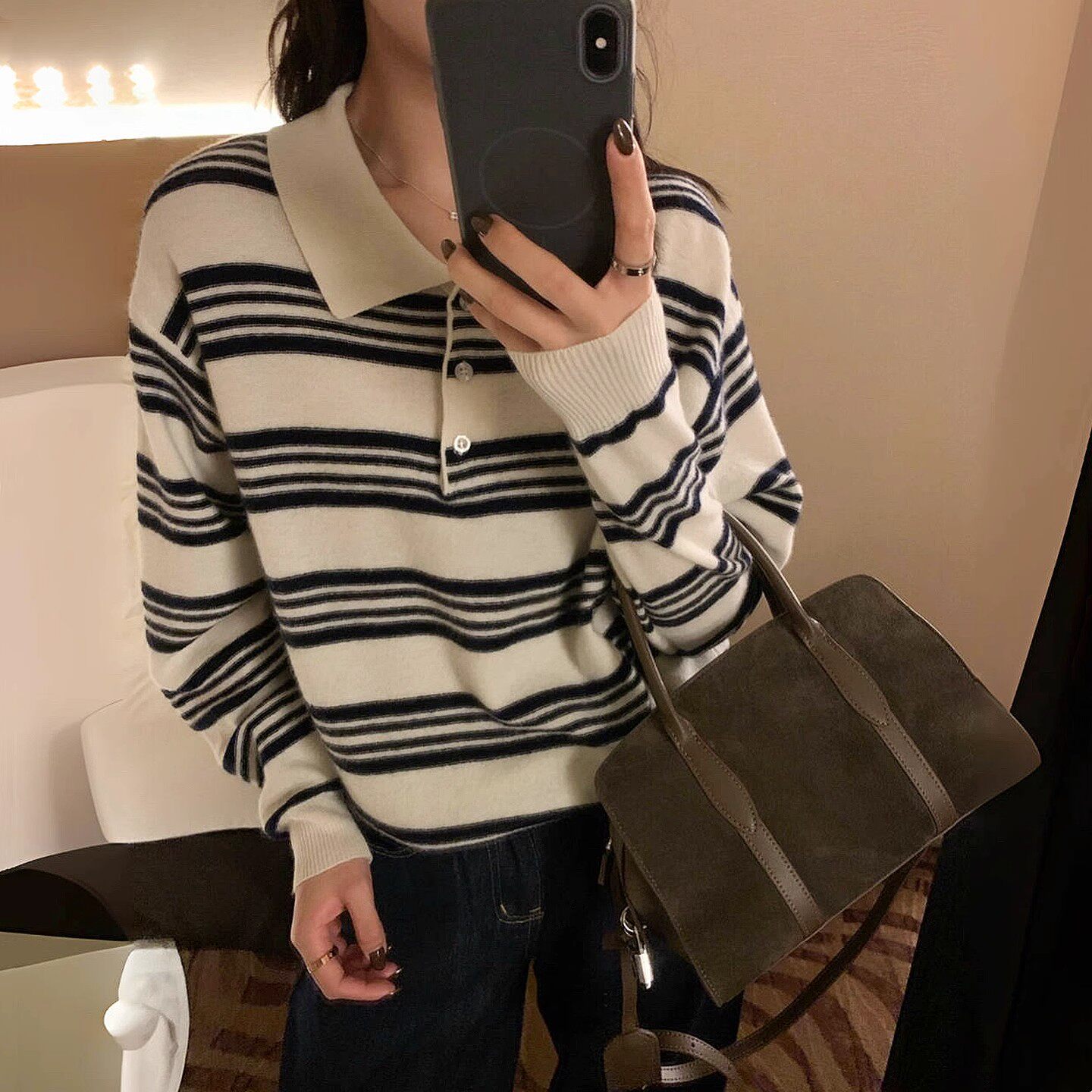 全羊毛针织衫女秋冬季韩版宽松显瘦长袖学院风套头polo领条纹毛衣