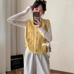 无袖针织马甲背心女秋款2025外搭圆领刺绣花宽松坎肩叠穿马夹上衣