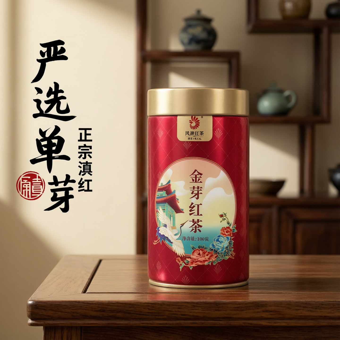 凤牌红茶云南凤庆滇红特级工夫金芽红茶正宗蜜香金丝罐装新茶100g