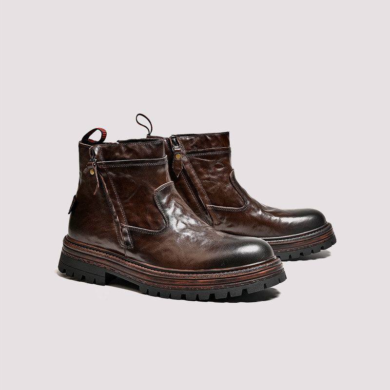 英伦风复古切尔西靴男真皮短靴男士高帮厚底马丁靴休闲百搭男靴子