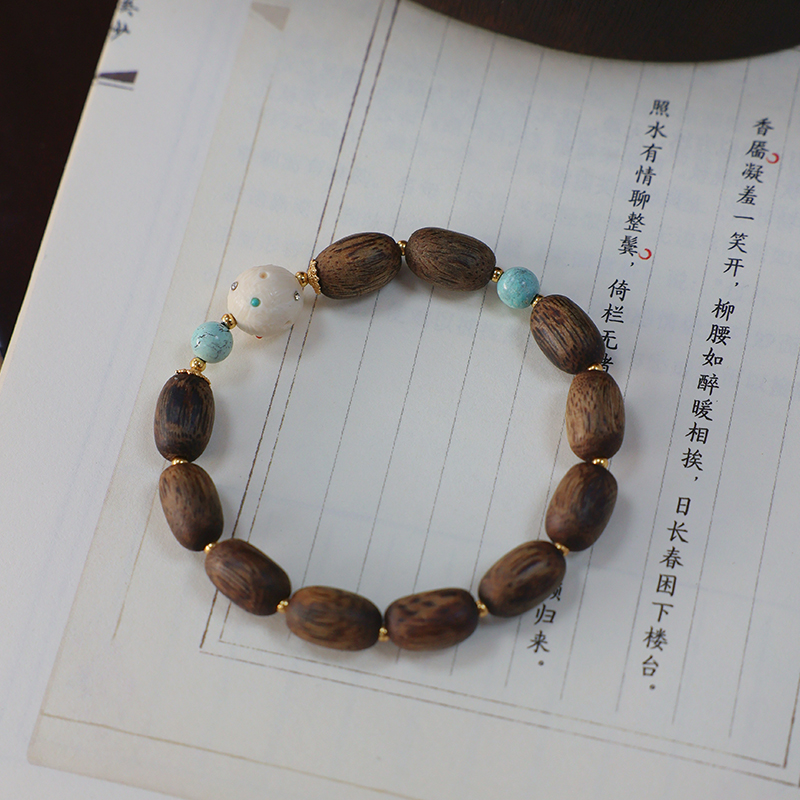 天然奇楠沉香绿松猛犸手串