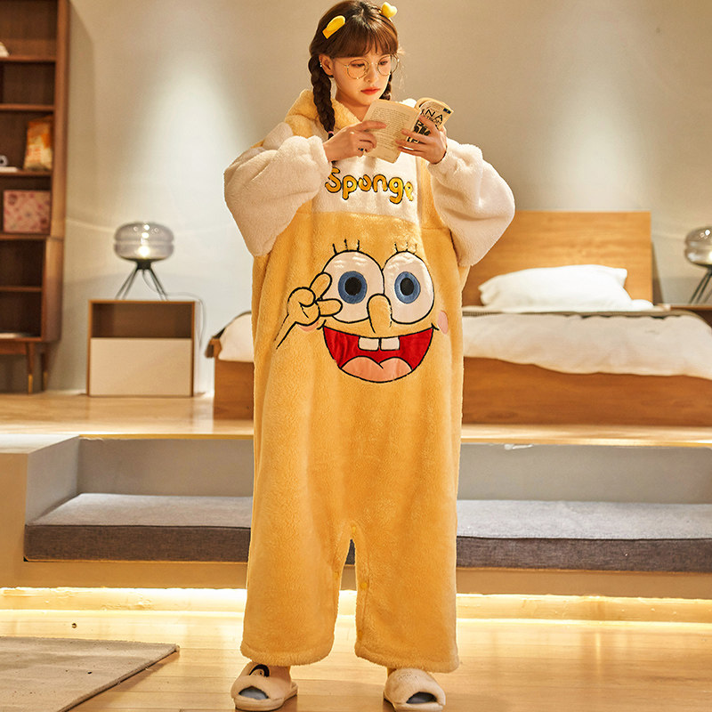 连体睡衣女秋冬季珊瑚绒连帽法兰绒加厚保暖家居服可外穿睡裙冬天