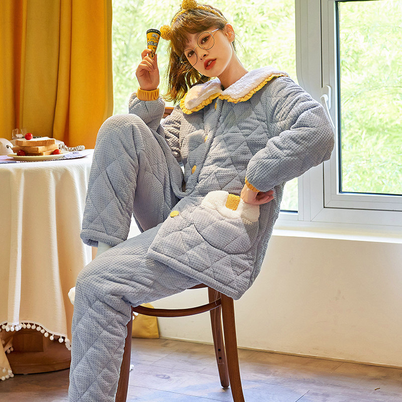 睡衣女冬珊瑚绒法兰绒三层加厚加绒保暖夹棉袄秋冬季家居服套装