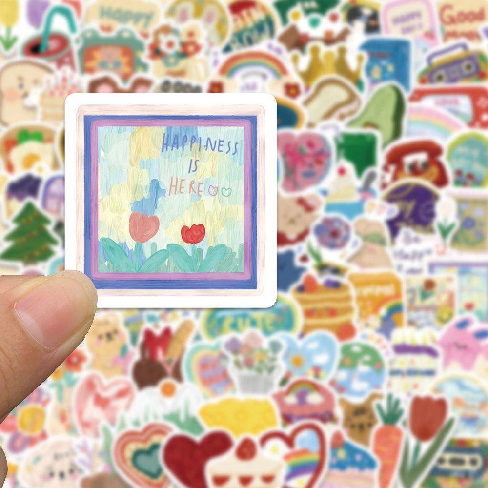 180张ins风水彩画贴纸韩系可爱DIY手账行李箱头盔笔记本手机