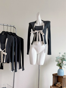 RUNWAY TICKET 春季新款假两件精致波点元素系带灰色针织长袖TEE