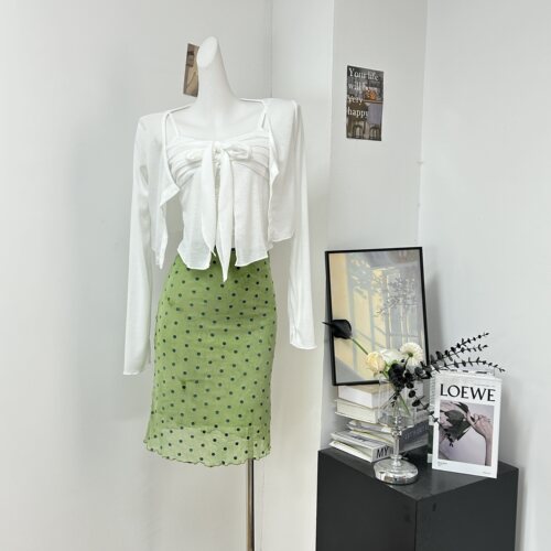 Ashy Snow森林雨露 绿色植绒波点扎染网纱半身裙中裙撞色蕾丝花边