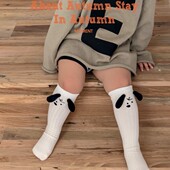 伊卡兔秋冬新款 儿童袜子牵手黑白小狗立体耳朵均码 无跟小腿袜