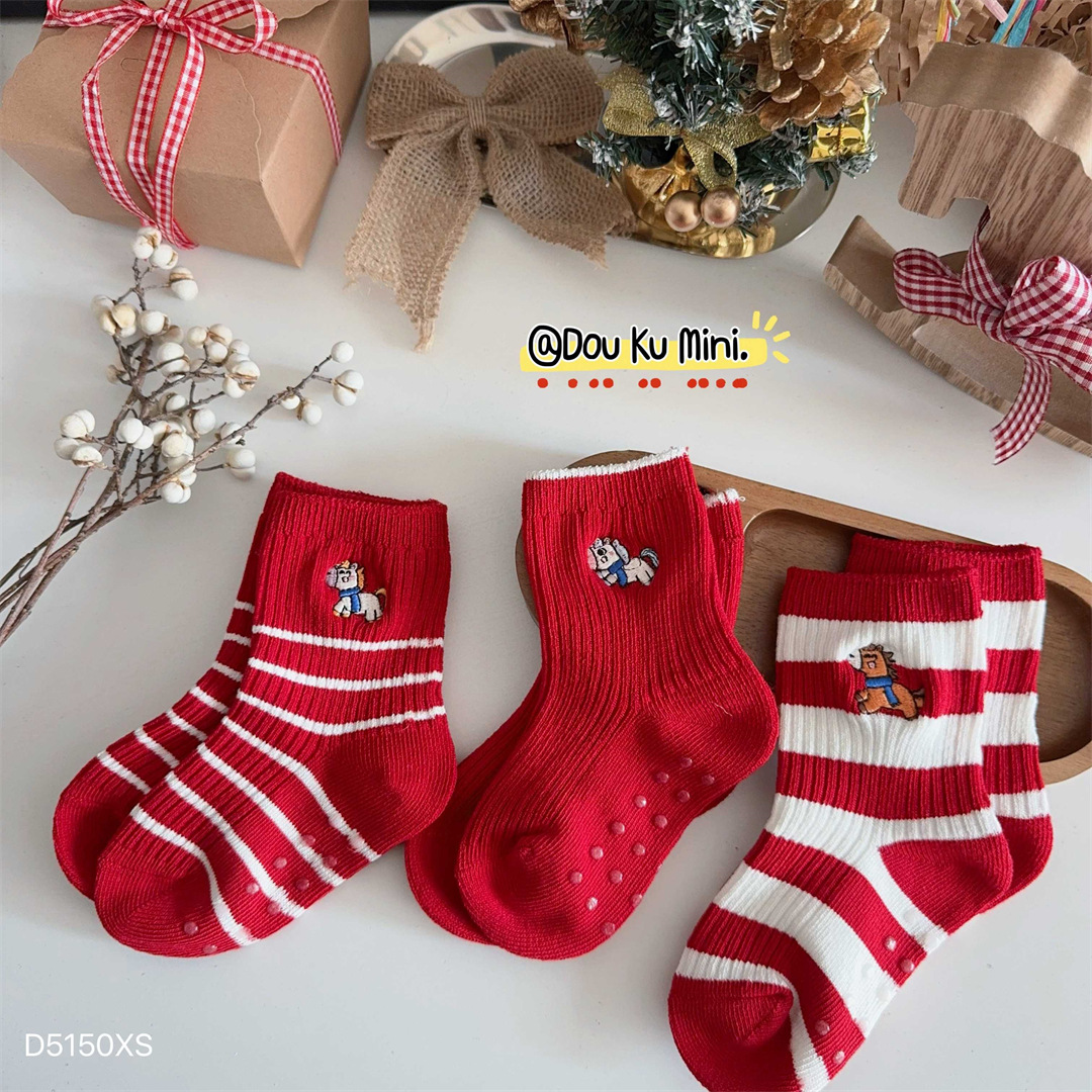 萌奥逗库秋冬中筒袜婴儿刺绣小马中国风新年宝宝袜0-12岁D5150
