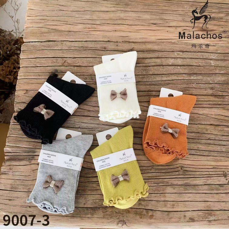 玛乐奇冬季儿童棉袜木耳边花边蝴蝶结女童学生袜保暖纯色中筒袜