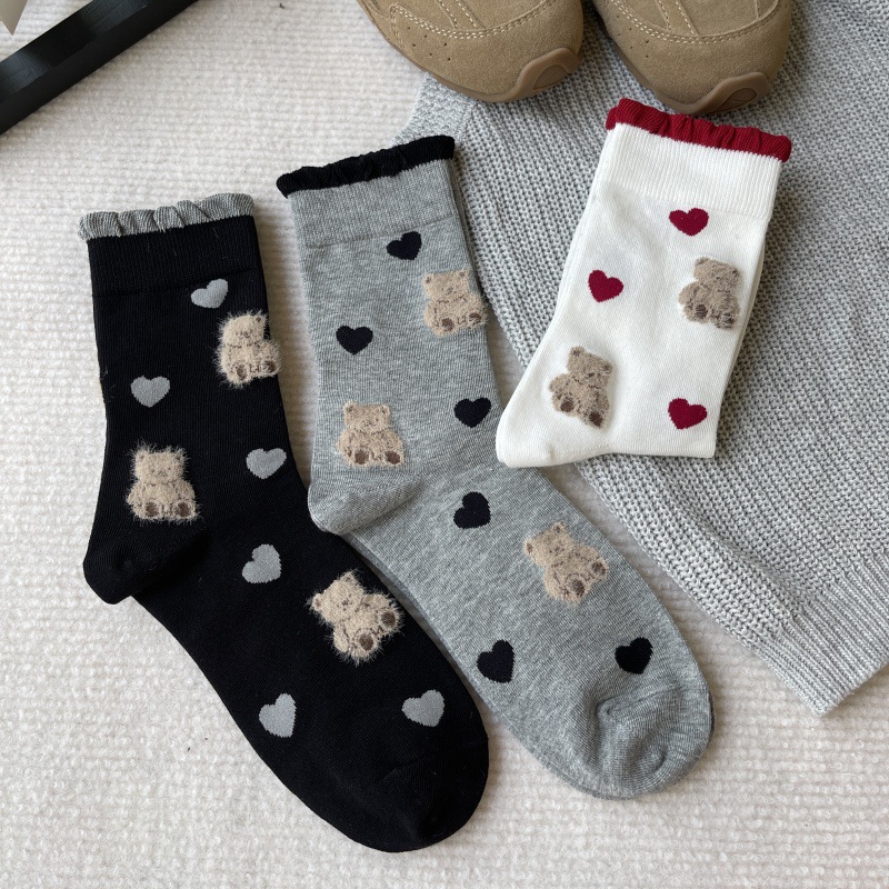 2025新款袜子女韩版可爱羽毛纱小熊爱心拼色潮袜甜美少女棉中筒袜