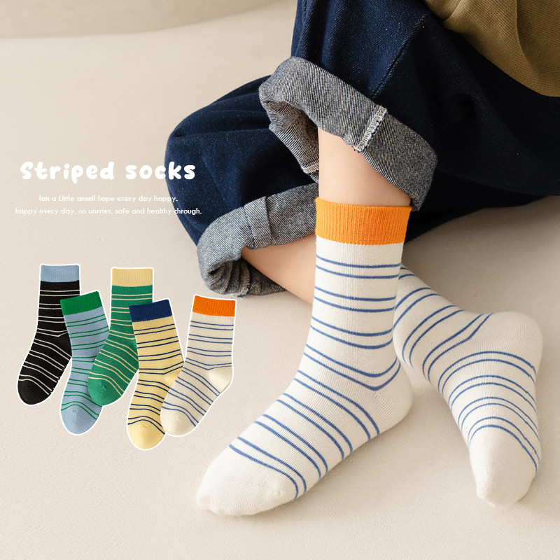 24753秋冬新款儿童袜子宝宝彩色条纹中筒袜棉袜运动袜男女童潮袜