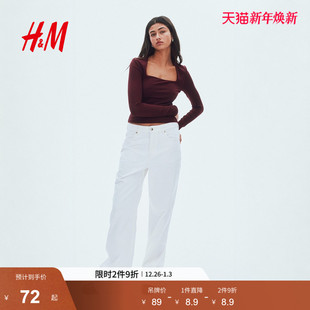 T恤2025冬季 内搭长袖 新款 修身 上衣1300927 细纤维方领时尚 HM女装