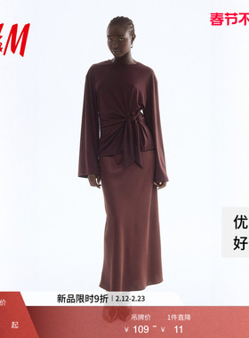 HM女装T恤春季长袖内搭系带设计礼服红色上衣1310088