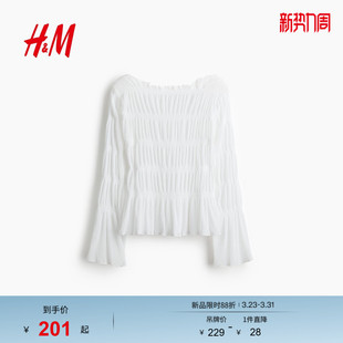 缩褶一字领上衣长袖 HM女装 简约休闲喇叭袖 新款 1325657 T恤2026春季