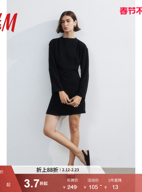 HM女装连衣裙春季时尚修身垂坠感长袖立领短裙1198523