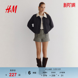 拼接领帆布短夹克1298255 灯芯绒领复古风工装 HM女装 短外套春季