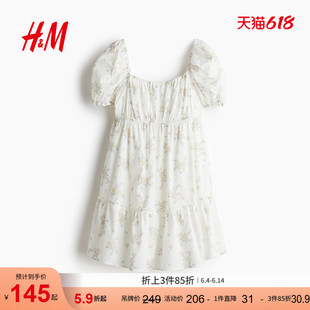 HM女装花卉连衣裙夏季度假风方领泡泡袖褶边连身裙1275848