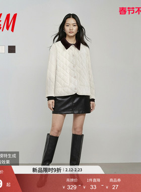 HM女装棉衣棉服春季薄款撞色棉服菱格纹灯芯绒领绗缝外套1000038