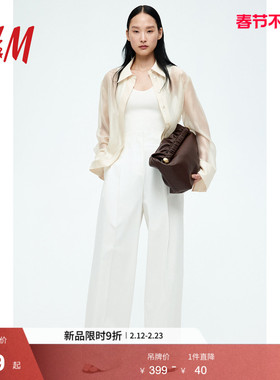 HM S/S 2025女装休闲裤秋季新款通勤直筒正面打褶棉质长裤1282952
